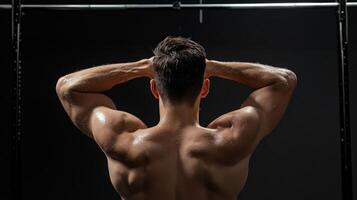 Muscular man with back to the camera in the gym photo