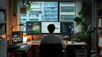 A man sitting at a desk with two monitors photo