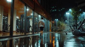 A man walking through a gym at night photo