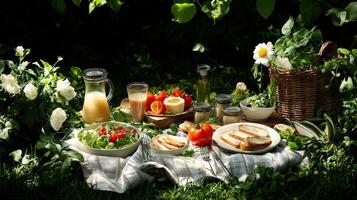 A picnic table with food and drinks on it photo
