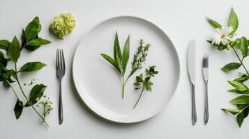 A plate with a knife and fork on it with herbs photo
