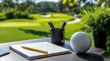 Golf course and notebook on a table photo