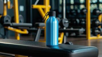A blue water bottle sitting on a bench in a gym photo