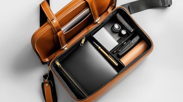 A briefcase with a laptop, pen, and other items photo