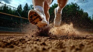 A person running on a dirt track with their shoes in the air photo