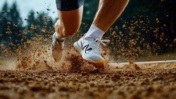 A person running on a track with dirt on their shoes photo