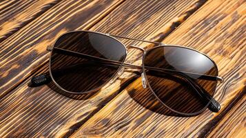 A pair of sunglasses on a wooden table photo