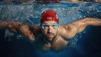 A man wearing a red swimming cap and goggles photo