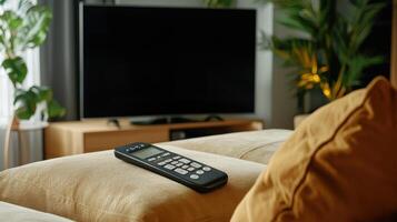 A remote control sits on a pillow in front of a television photo