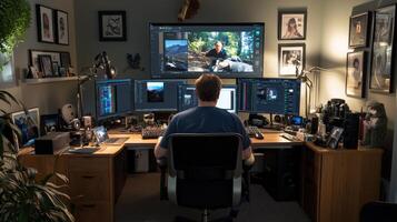 A man sitting at a desk with two monitors and a computer photo
