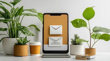 Email on smartphone with potted plants and coffee cup photo