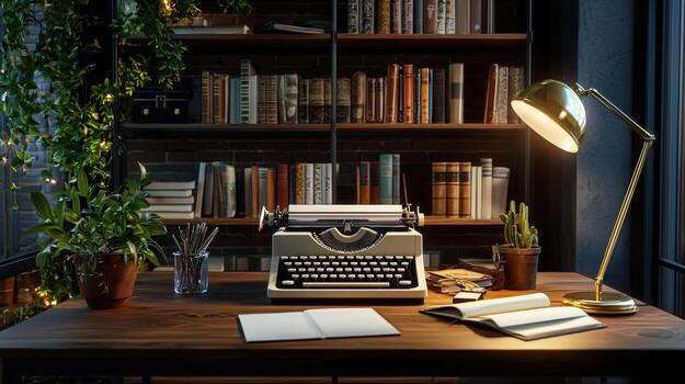 A desk with a typewriter, lamp and bookshelves photo