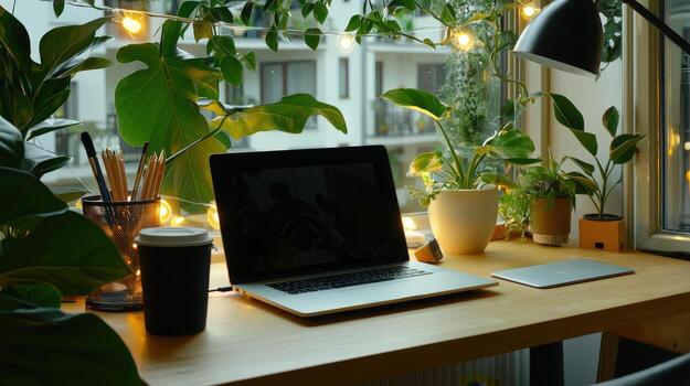 A laptop sitting on a desk with plants and a lamp photo