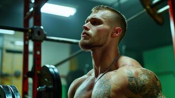 A man with tattoos in the gym photo