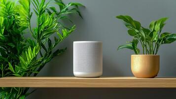 Amazon echo dot on a shelf with a plant photo