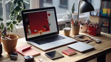 A laptop sits on a desk with a cup of coffee and a plant photo
