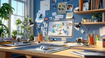 A desk with a computer, a laptop, and a desk lamp photo