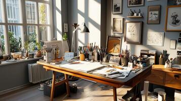 A desk with a lot of art supplies on it photo
