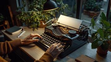 A person typing on an old typewriter photo