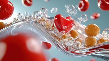 Red heart floating in water with bubbles photo