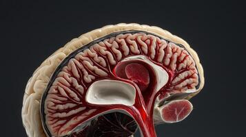 A model of a human brain with a red vein photo