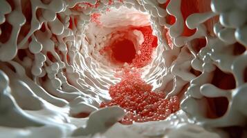 A close up of a red and white substance photo