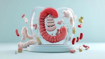A glass container with various organs and pills photo