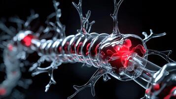 A neuron with red light shining through it photo