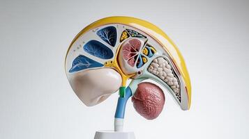A model of the human liver and kidney on a white background photo