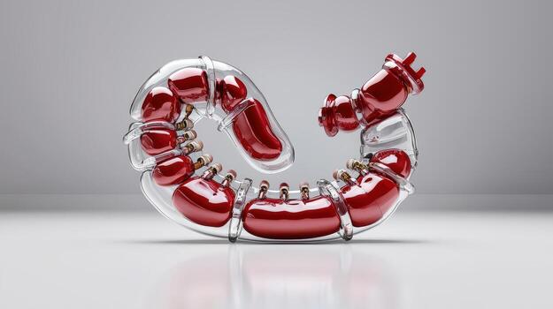 A red and white plastic object with a human body inside photo