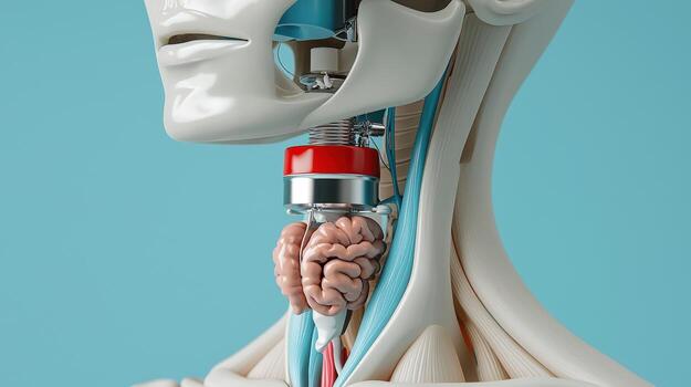 The human neck and throat with a red button photo