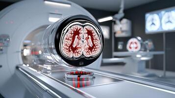 A mri machine with an image of a brain photo