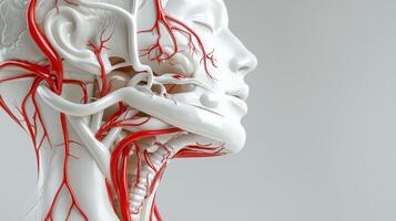 The human head and neck with red blood vessels photo
