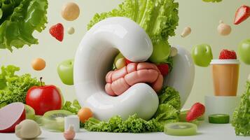 A white object with a green brain surrounded by various fruits and vegetables photo