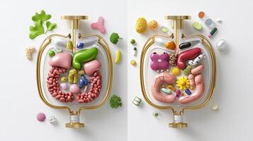 The human body is divided into two parts, one with the liver and the other with the stomach photo