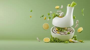 A jar of green vegetables and lemons on a green background photo