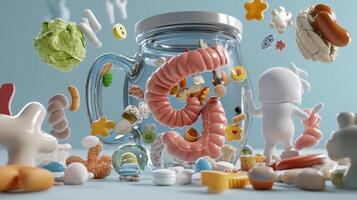 A jar with various food items and a small character photo