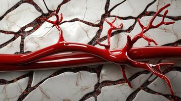 A red blood vessel is shown on a cracked surface photo