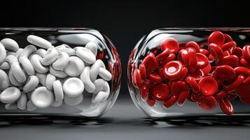 Red and white pills in glass jars photo