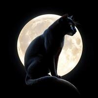 Black cat sitting on a rock in front of the full moon photo