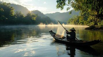 A man in a boat with a net on the river photo