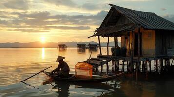 A man in a boat with a net in the water photo