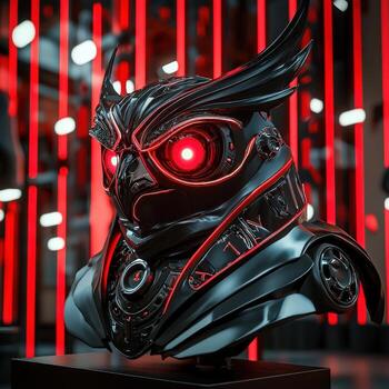 A black and red robot head with glowing eyes photo