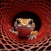 A leopard gecko is sitting inside a red mesh photo