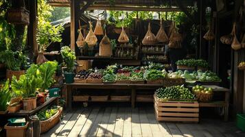 A wooden building with lots of vegetables and fruit photo