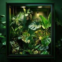 A green wall with plants and a light bulb photo