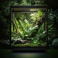 A small glass box with plants and plants inside photo
