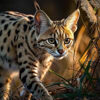 A cat walking through tall grass in the sun photo