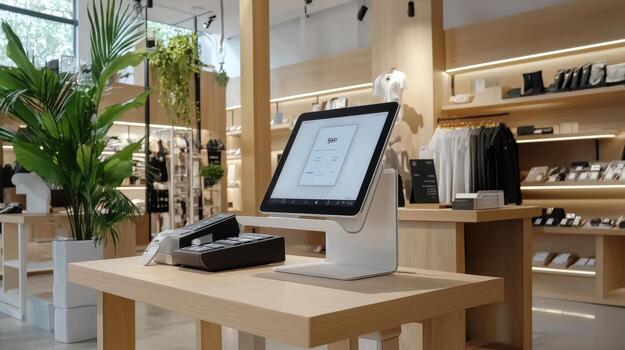 A store with a desk and a computer photo