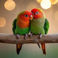 Two birds are sitting on a branch photo